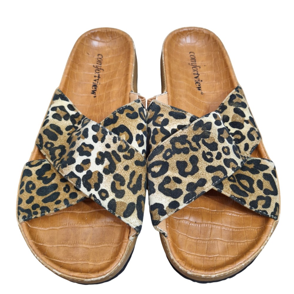 Comfortview Women's Leopard Print Slide Sandals Crisscross Straps Tan 7M